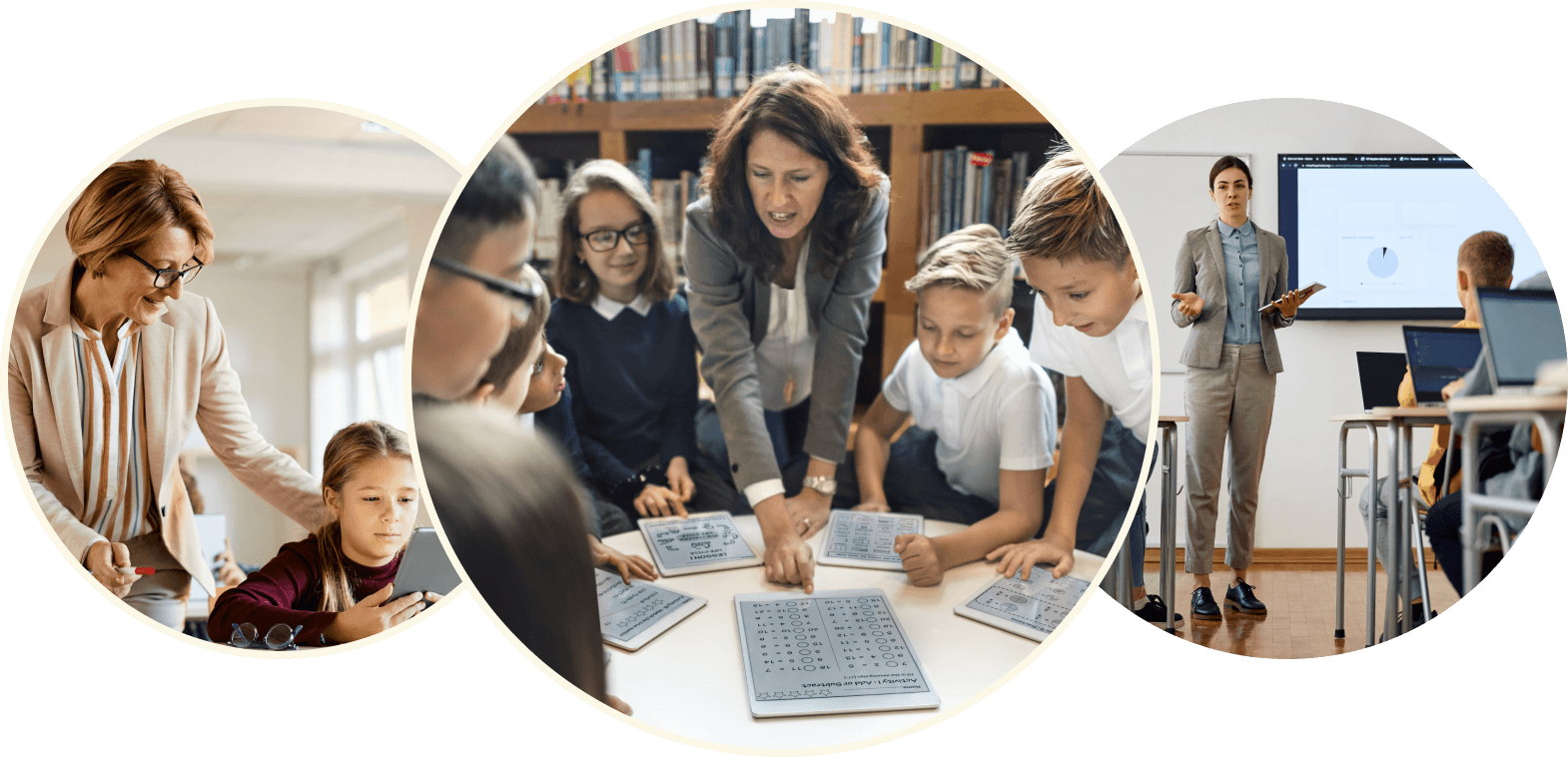 Drei Bilder von Lehrerinnen mit Schülern